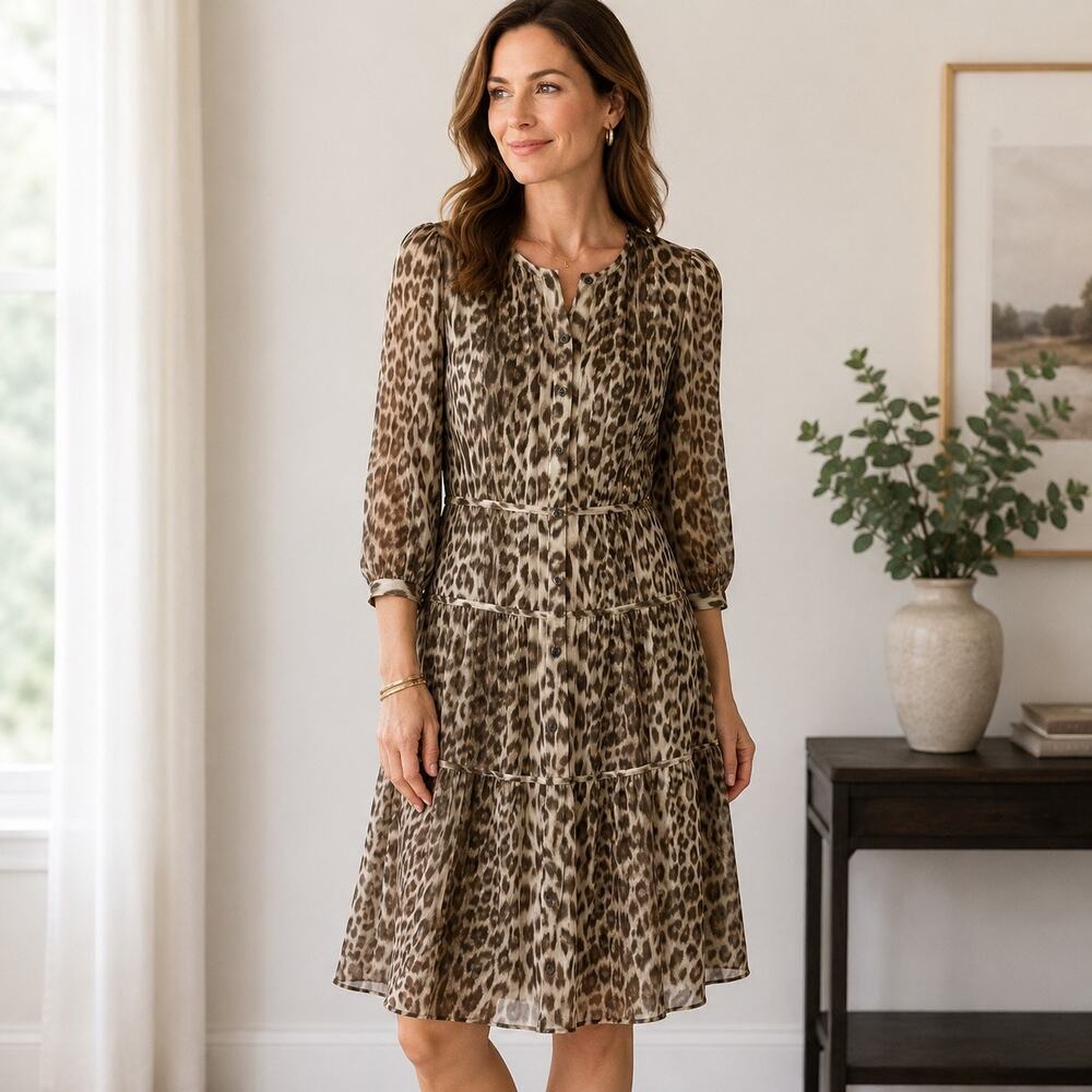 Talbots 100% Silk Leopard Print Dress Womens Size 4 Tiered Button Front Lined